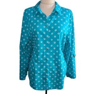 Womens Chicos 100% Cotton No Iron Seashell Print Turquoise Roll-tab Blouse XL